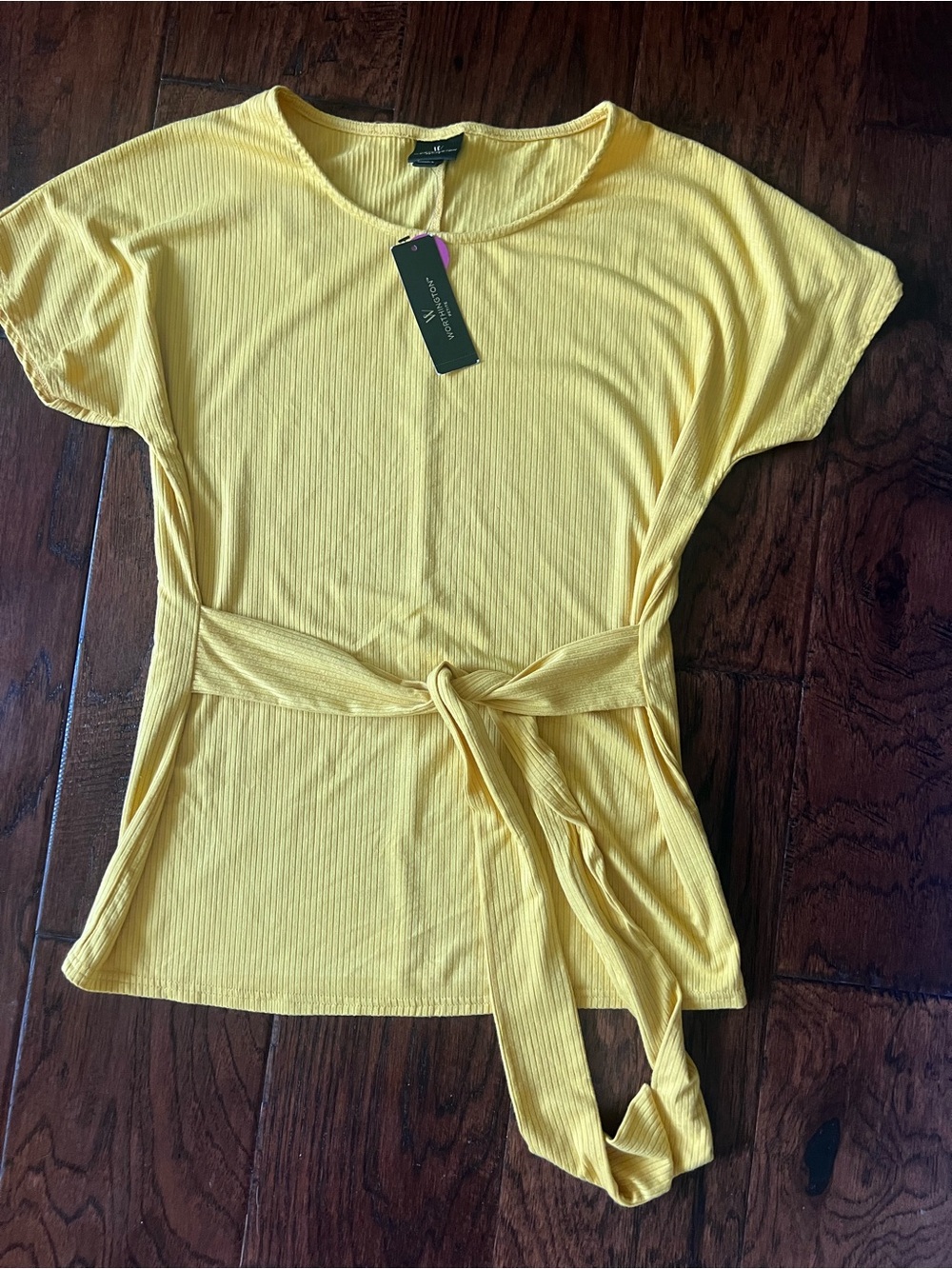Worthington Petite Ribbed Tie Waist Top NWT Marigold Yellow PS
